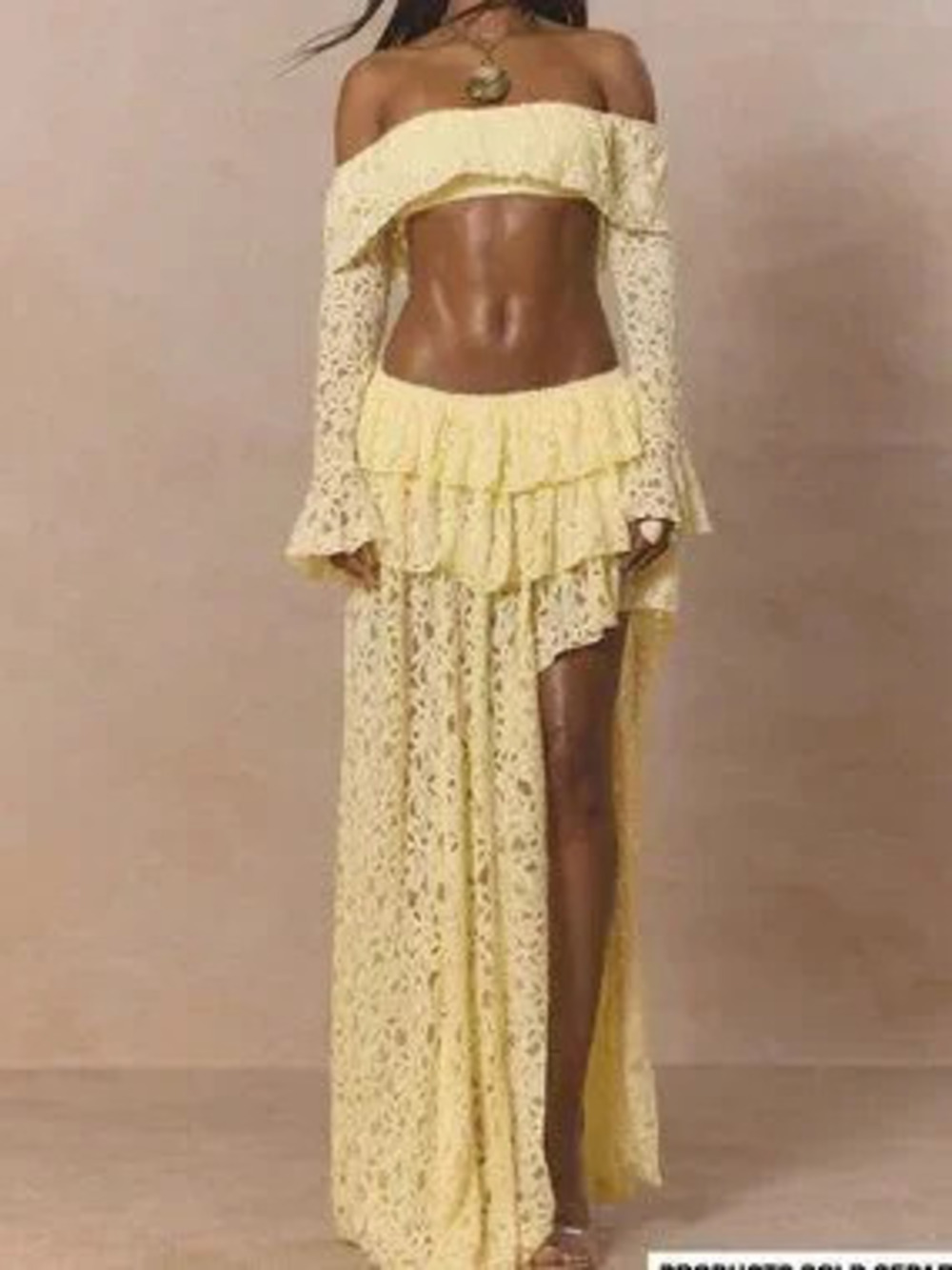 Pale Yellow Cute Women's Lace Tiered Ruffle Asymmetric Split Maxi Skirt